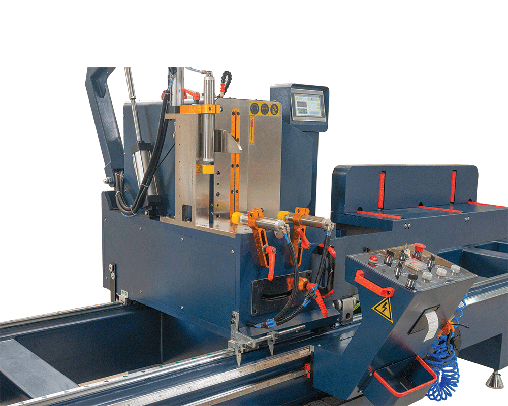 Chi tiết ray và thân bệ máy cắt nhôm 2 đầu Meisheng thể hiện độ hoàn thiện cao cấp cho xưởng lớn